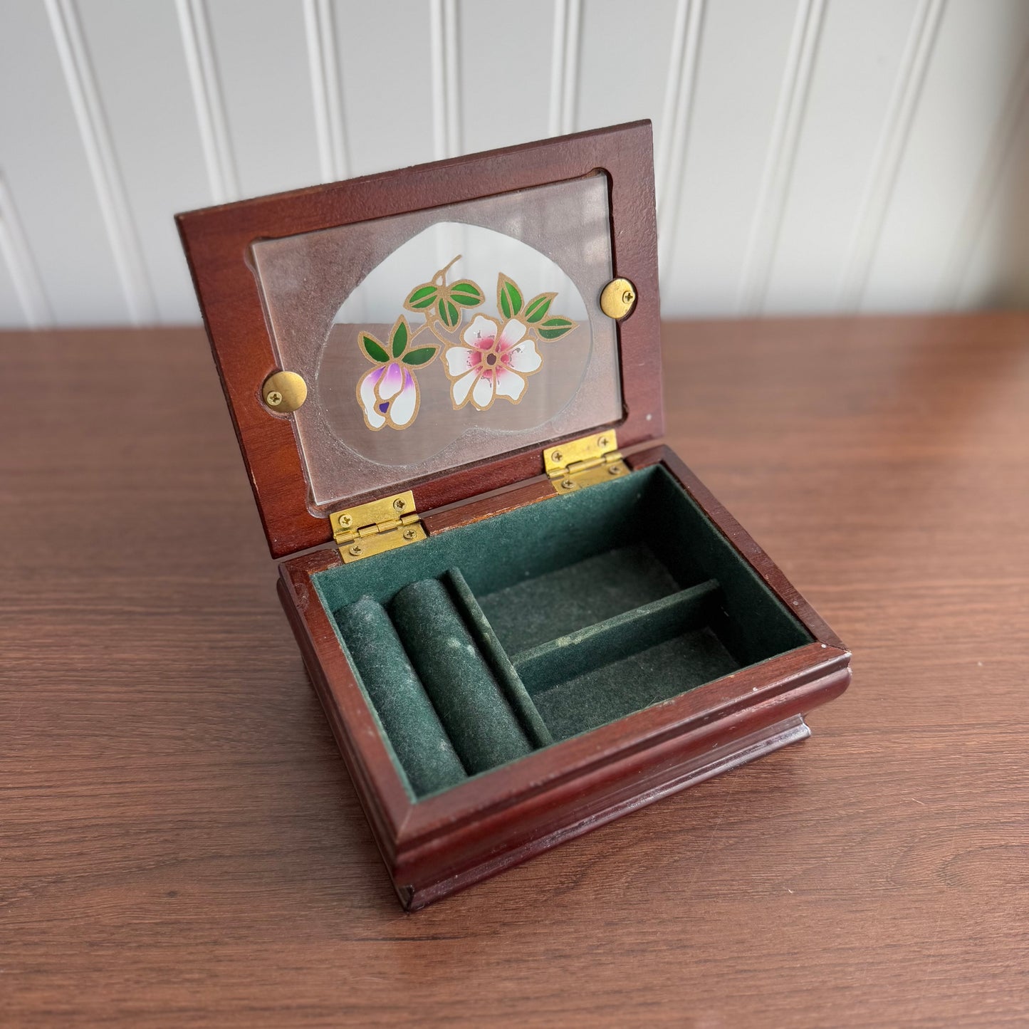 Vintage Mini Cherry Wood Jewelry Box with Stained Glass Top