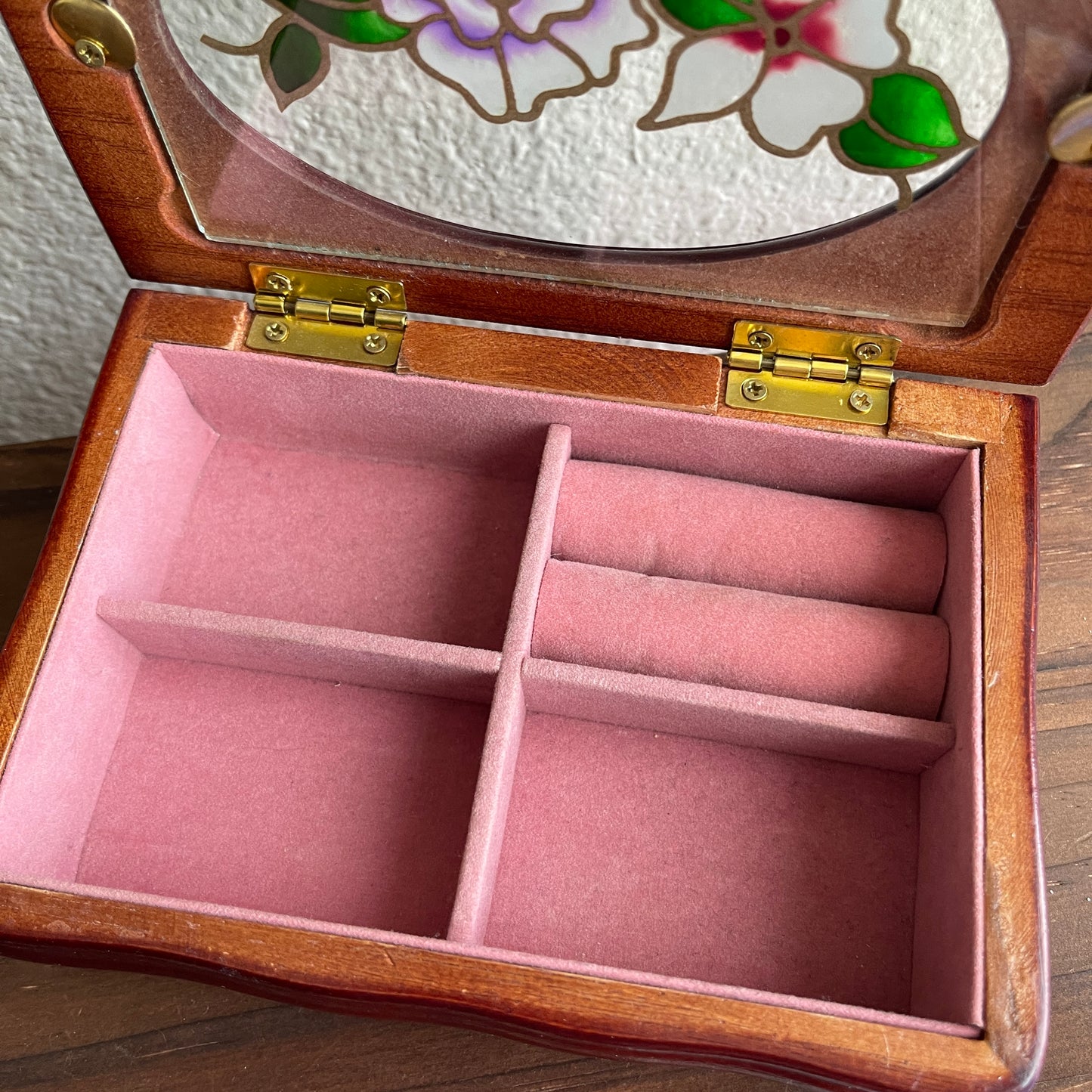 Vintage Small Wood Jewelry Box With Glass Lid And Painted Floral Design