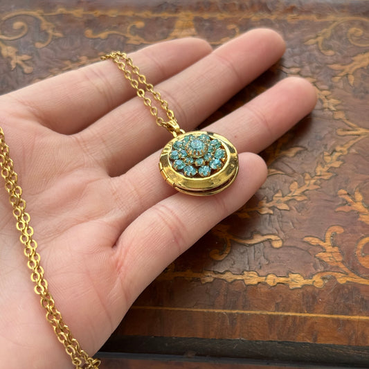Vintage Blue Rhinestone Locket Necklace