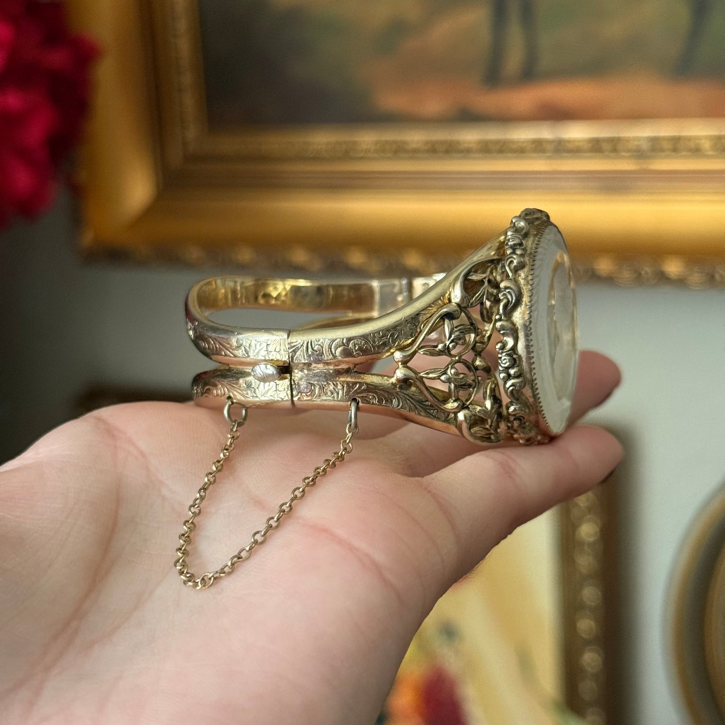 Vintage Whiting and Davis Glass Cameo Portrait Intaglio Bracelet Cuff