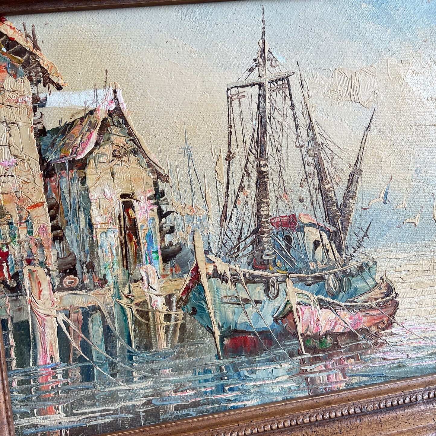 Vintage painting sailboat scenery canvas painting wood frame