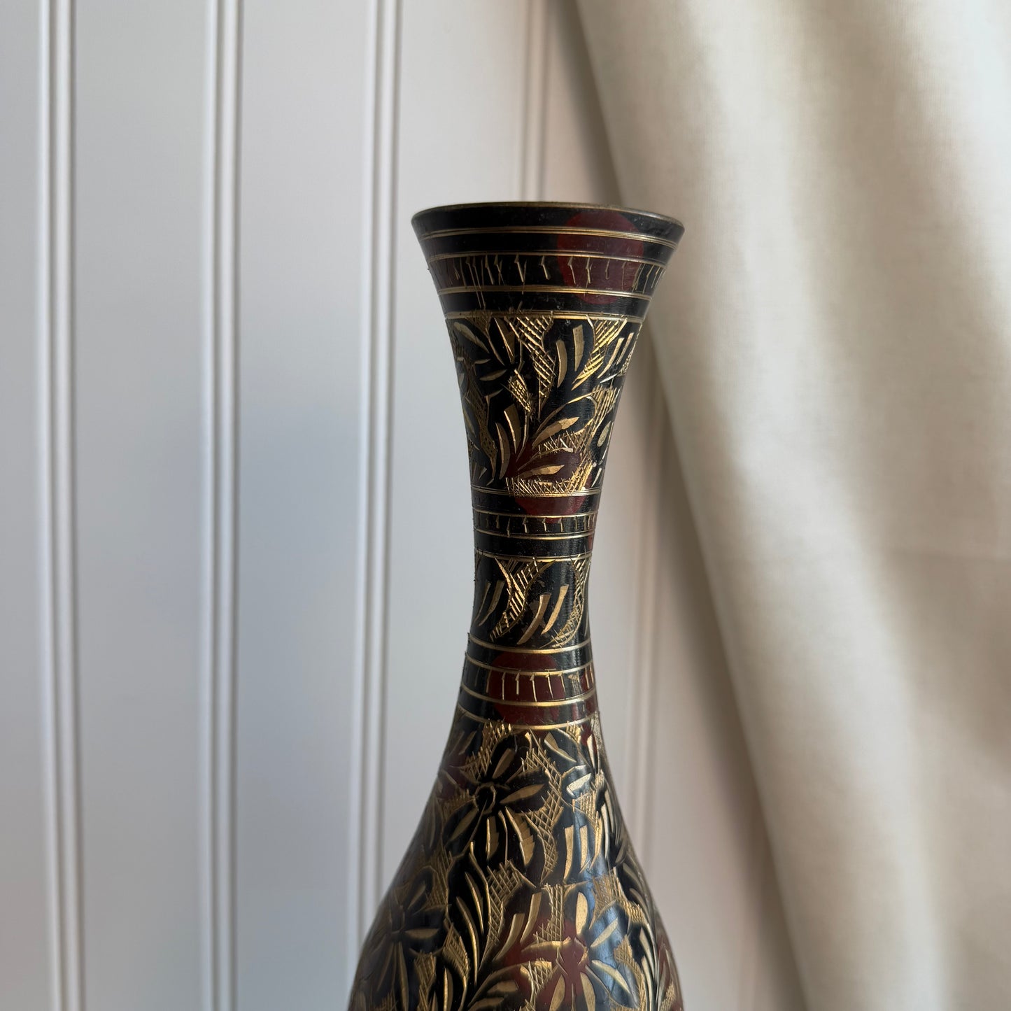 Brass vase with black etched details