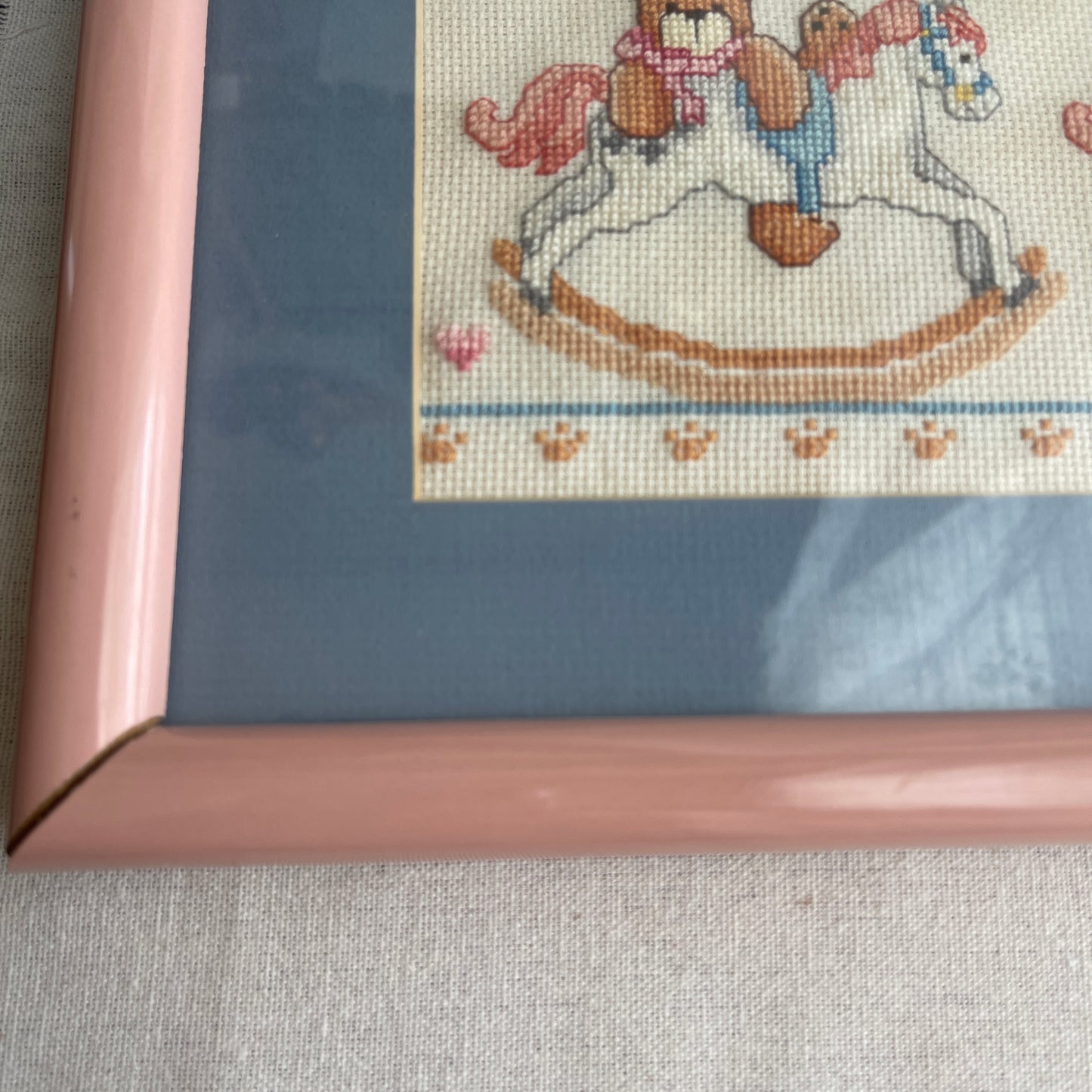 Vintage Bears and rocking horse needlepoint framed art