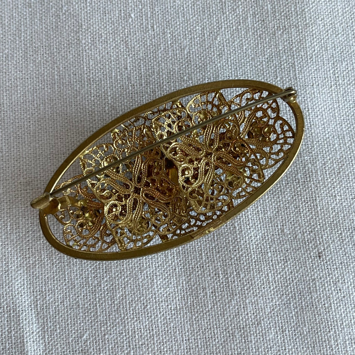 Vintage CZECH Signed Gold Tone Filigree Turquoise Glass Pin Brooch