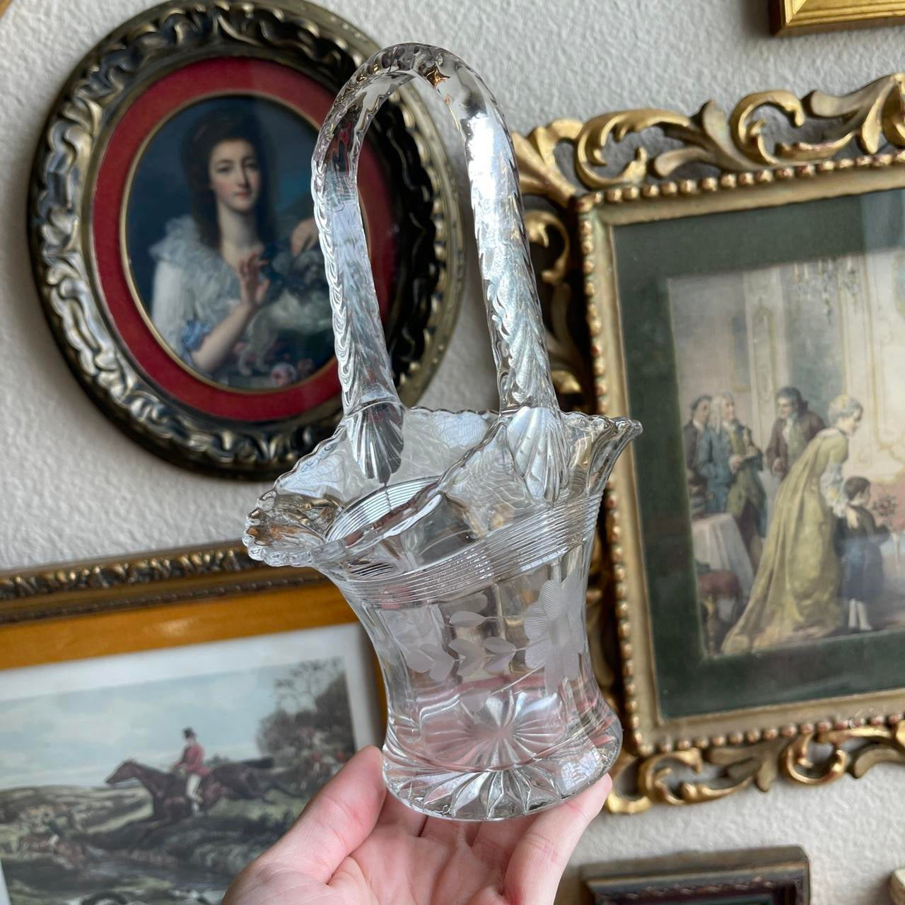 Vintage glass etched floral basket