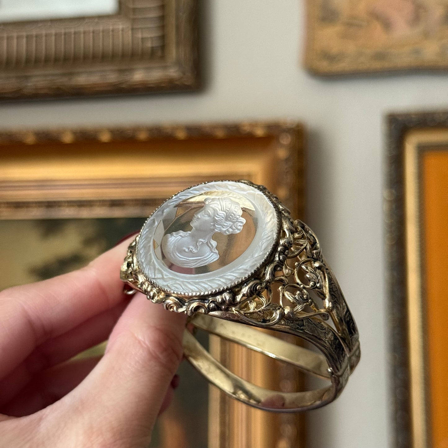 Vintage Whiting and Davis Glass Cameo Portrait Intaglio Bracelet Cuff