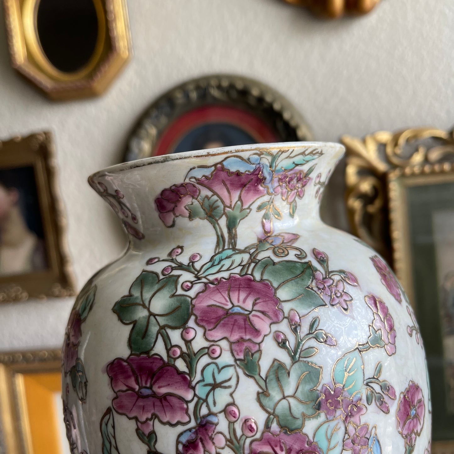 Hand Painted Floral Gold Gilt Purple Petunias Leaves vase