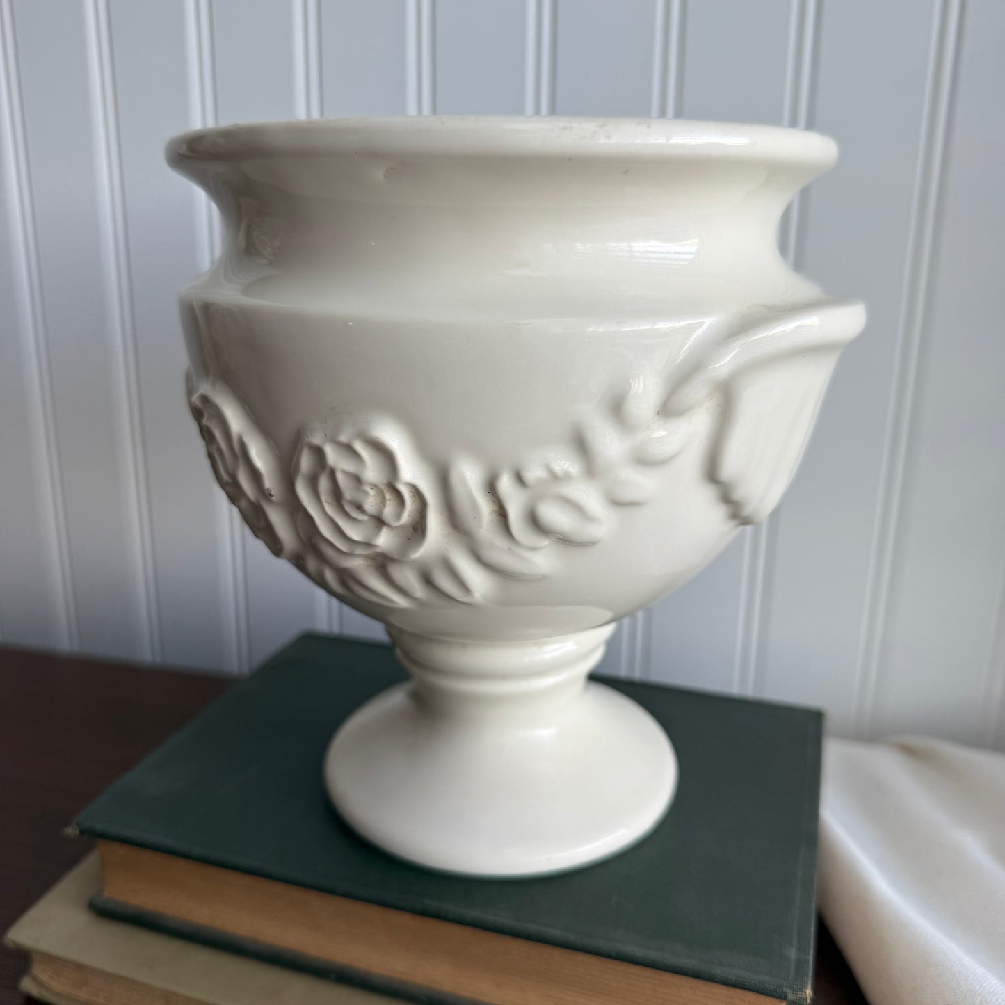 Vintage White Ceramic Pedestal Planter with Roses