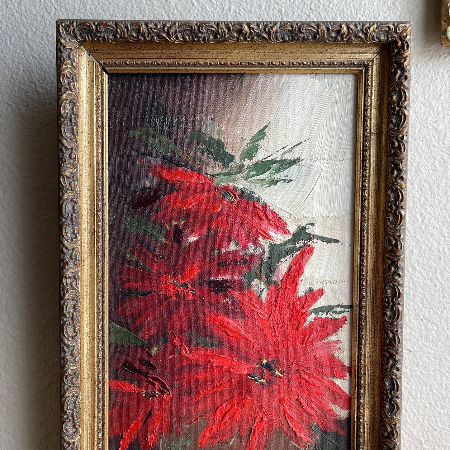 Vintage Red Poinsettia Flower Painting Framed