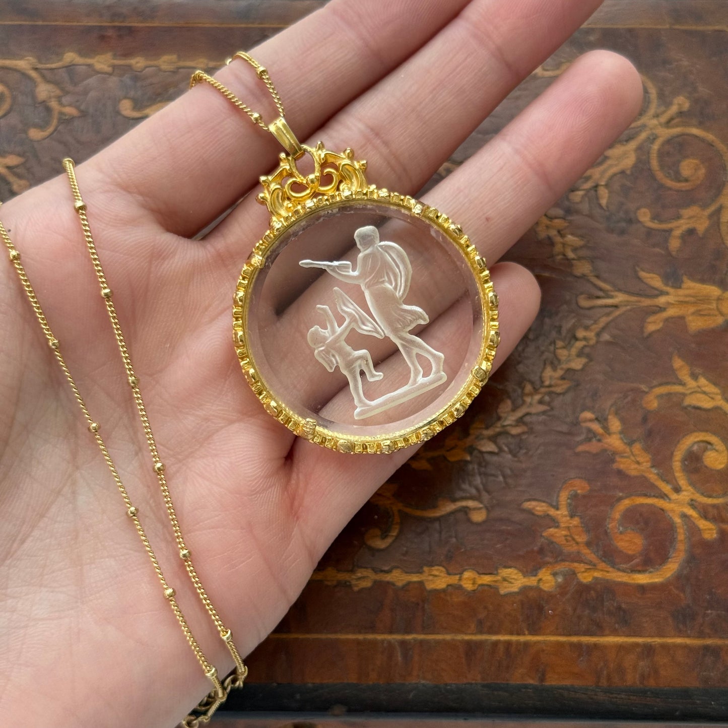 Vintage Glass Intaglio Cherub Necklace Gold Tone