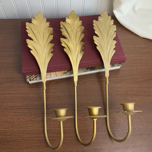 Vintage Brass Metal Candle Stick Sconce Leaf Design set