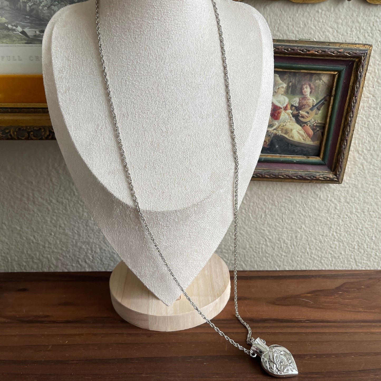 Art Nouveau Necklace Heart Perfume Vase Pendant Vessel Silver Tone