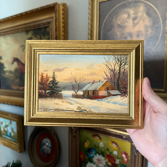 Vintage winter landscape rustic cabin painting Art Print gallery wall