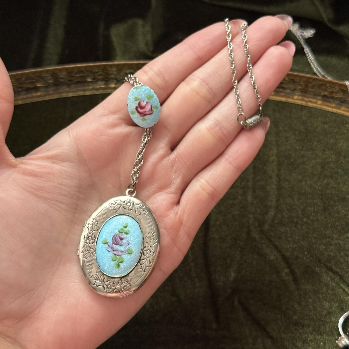 Vintage Guilloche Silver tone Locket Necklace