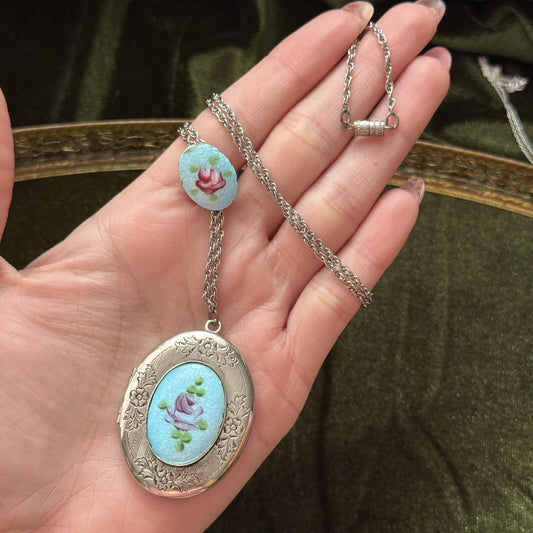 Vintage Guilloche Silver tone Locket Necklace
