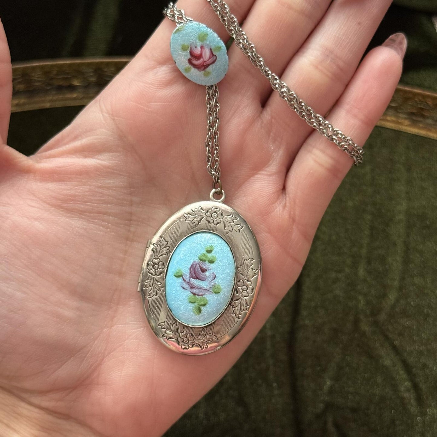 Vintage Guilloche Silver tone Locket Necklace