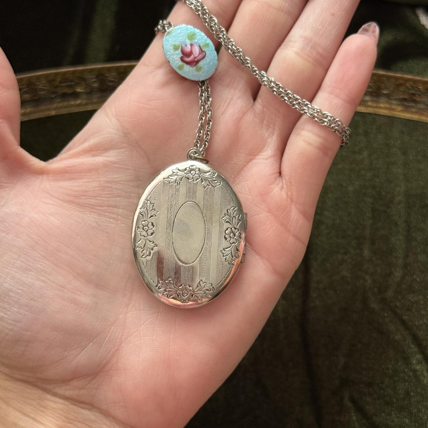 Vintage Guilloche Silver tone Locket Necklace