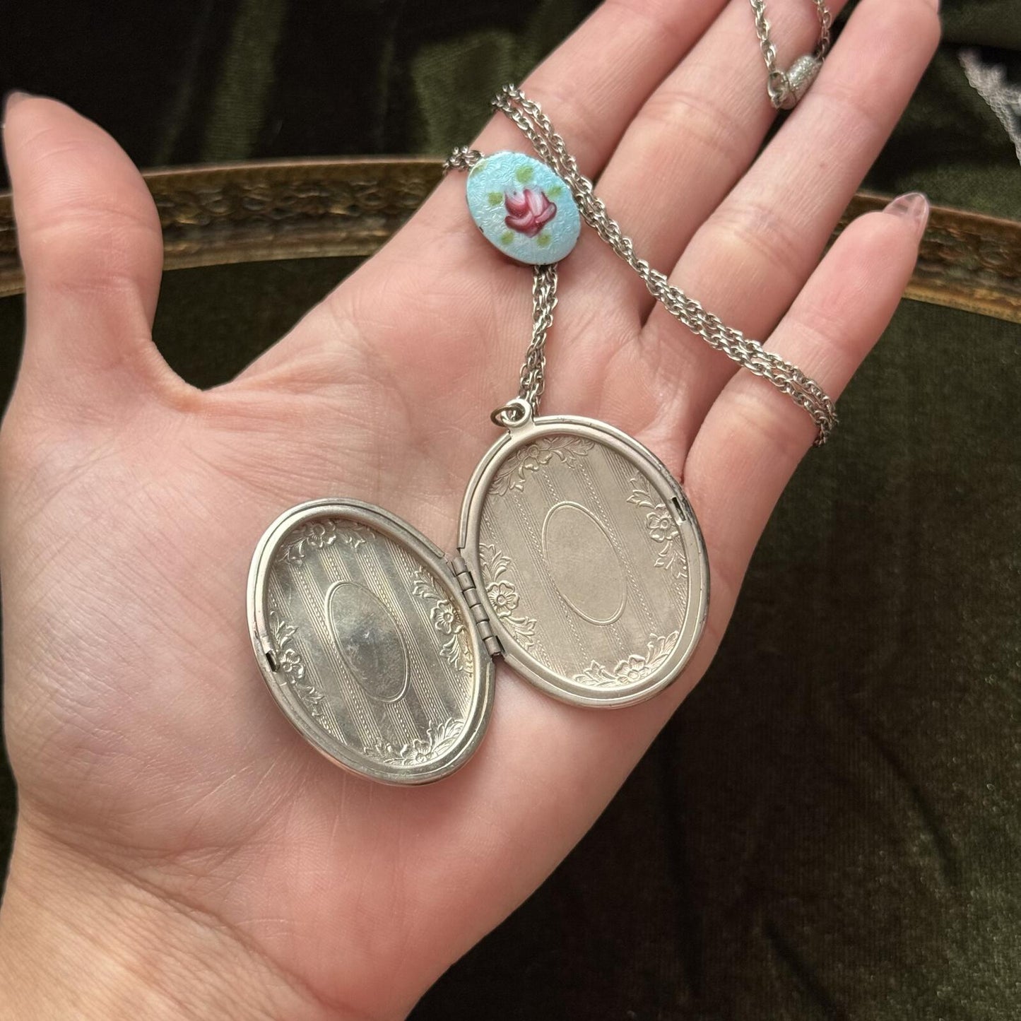Vintage Guilloche Silver tone Locket Necklace