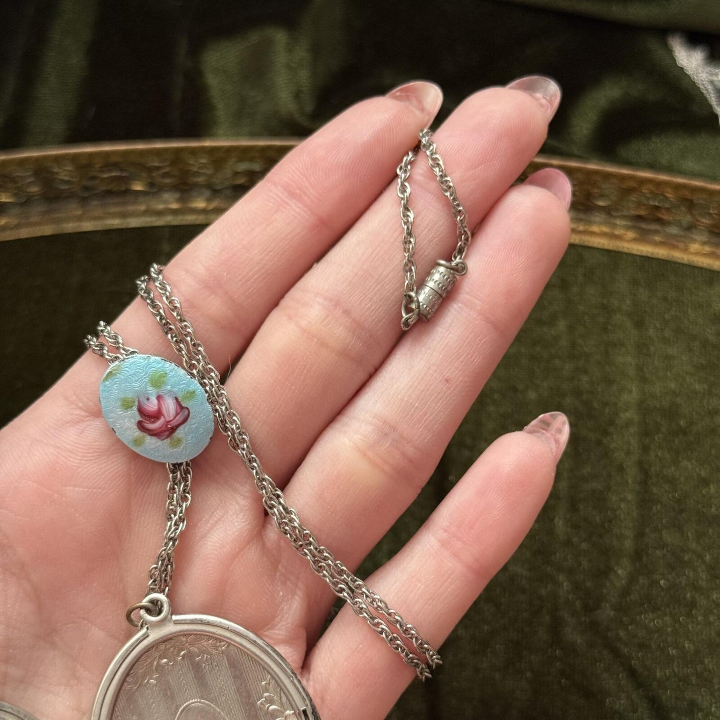 Vintage Guilloche Silver tone Locket Necklace