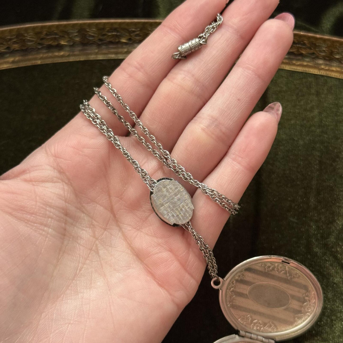 Vintage Guilloche Silver tone Locket Necklace