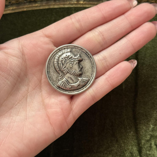 Vintage tin metal Roman coin brooch