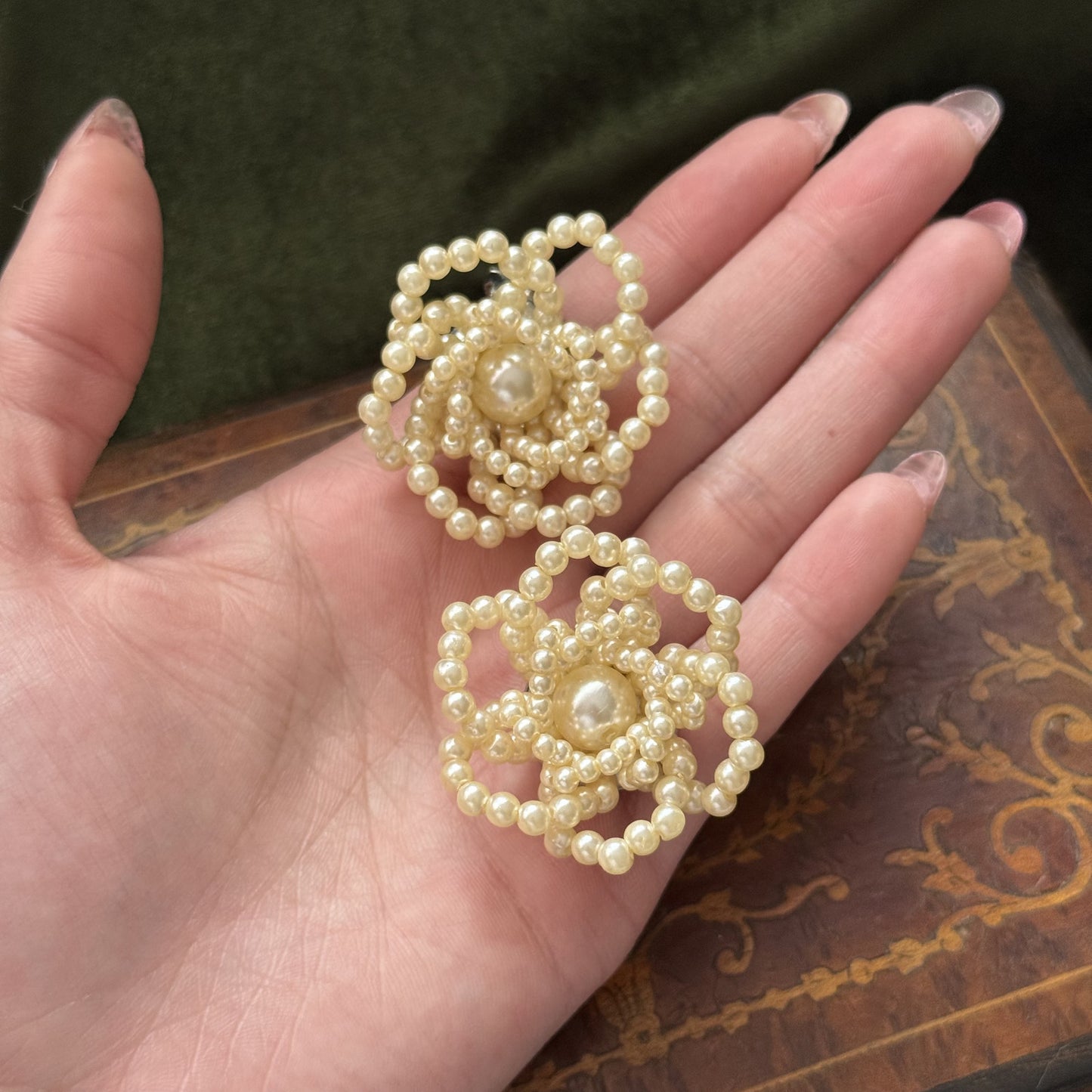 Vintage Faux Pearl Flower Clip on Earrings