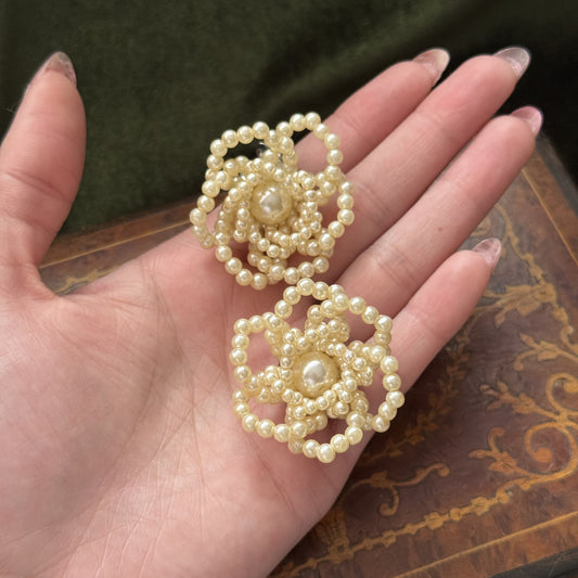 Vintage Faux Pearl Flower Clip on Earrings