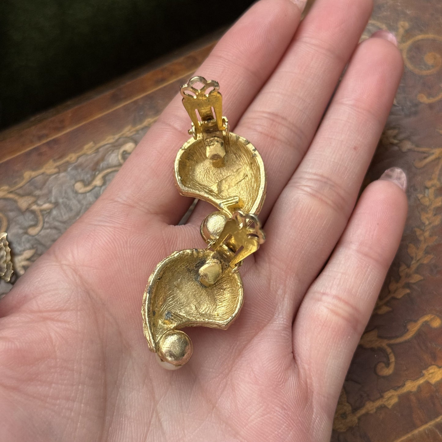 Vintage Gold tone faux pearl clip on Earrings