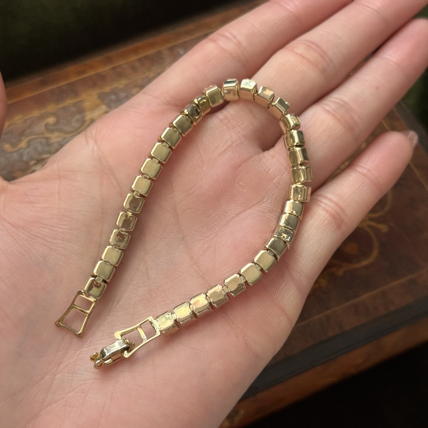 Vintage Rhinestone tennis bracelet Gold tone