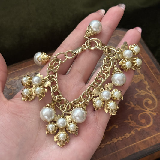 Vintage Faux Pearl Charm Bracelet Gold Tone