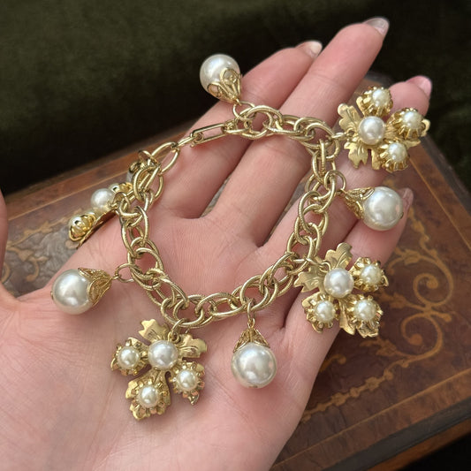 Vintage Faux Pearl Charm Bracelet Gold Tone