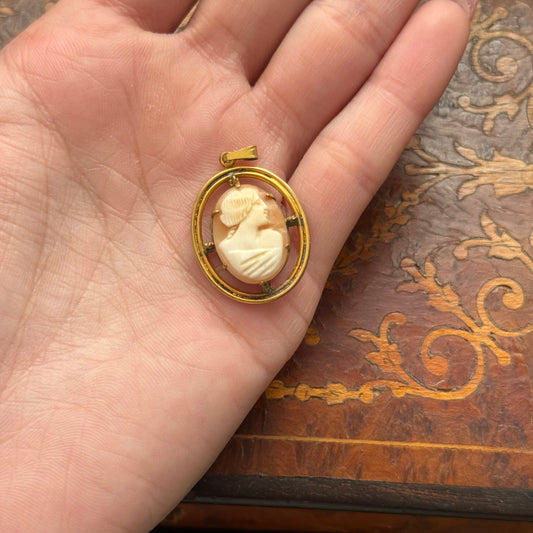 Vintage Brass Carved Shell Cameo Pendant