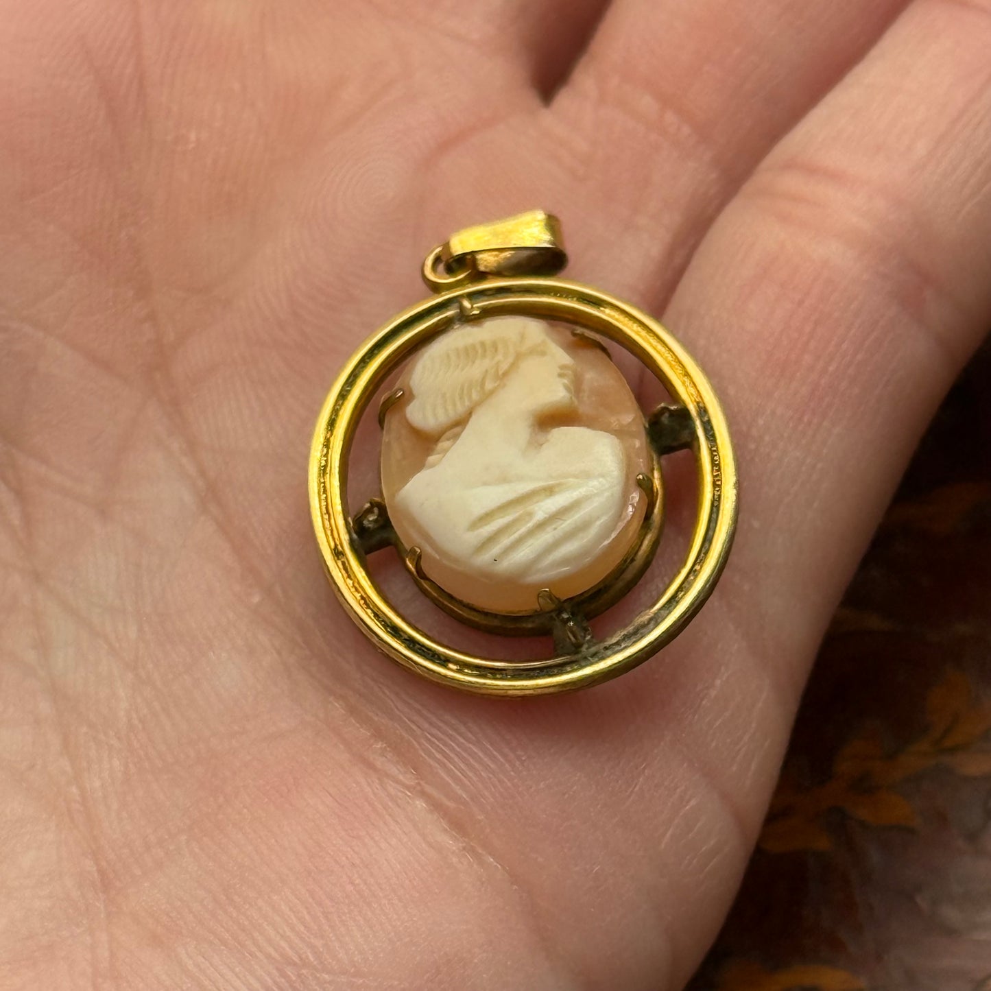 Vintage Brass Carved Shell Cameo Pendant