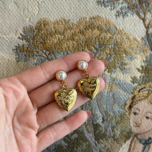 Vintage Style Heart Shaped Love You Locket Post Earrings