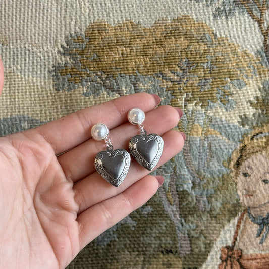 Vintage Style Heart Shaped Locket Post Earrings