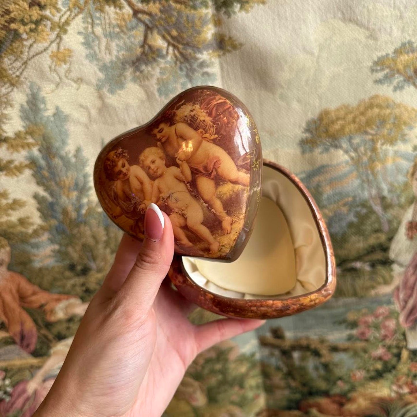 Vintage Heart Shaped Cherub Trinket Box