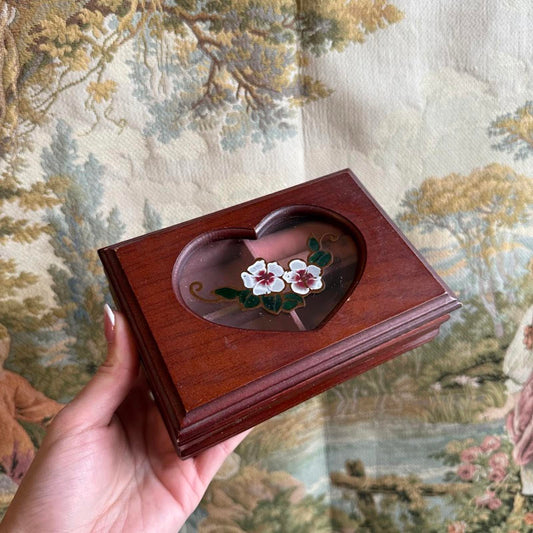 Vintage Wooden Jewelry Box with Heart Shaped Glass Window