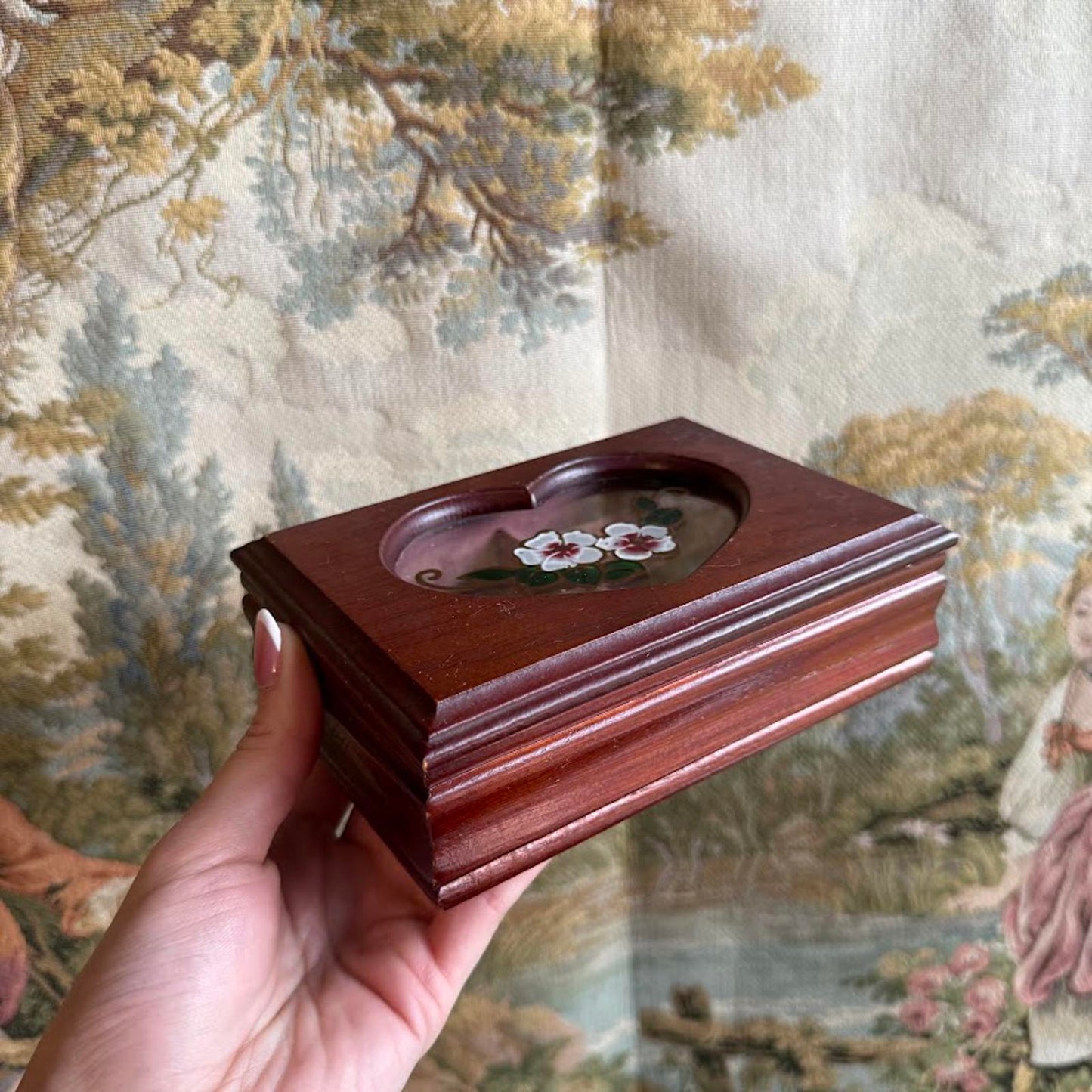 Vintage Wooden Jewelry Box with Heart Shaped Glass Window