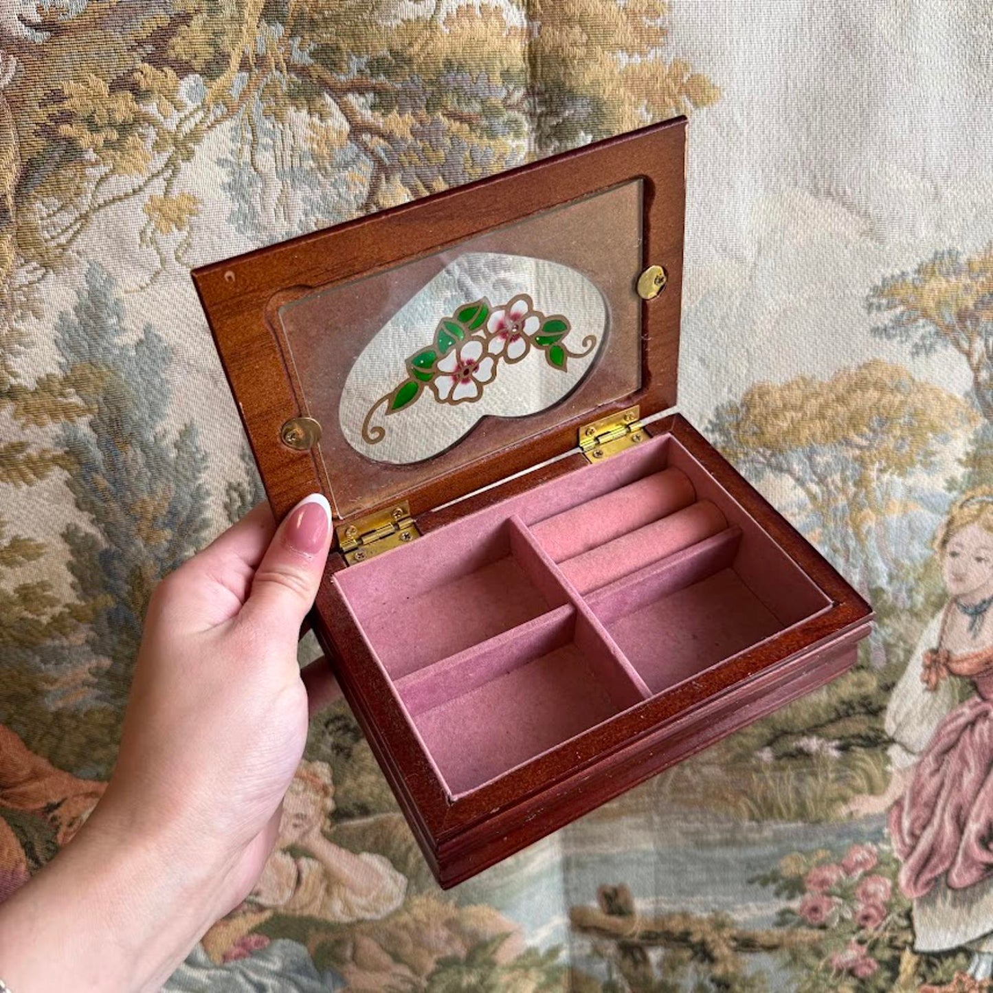 Vintage Wooden Jewelry Box with Heart Shaped Glass Window