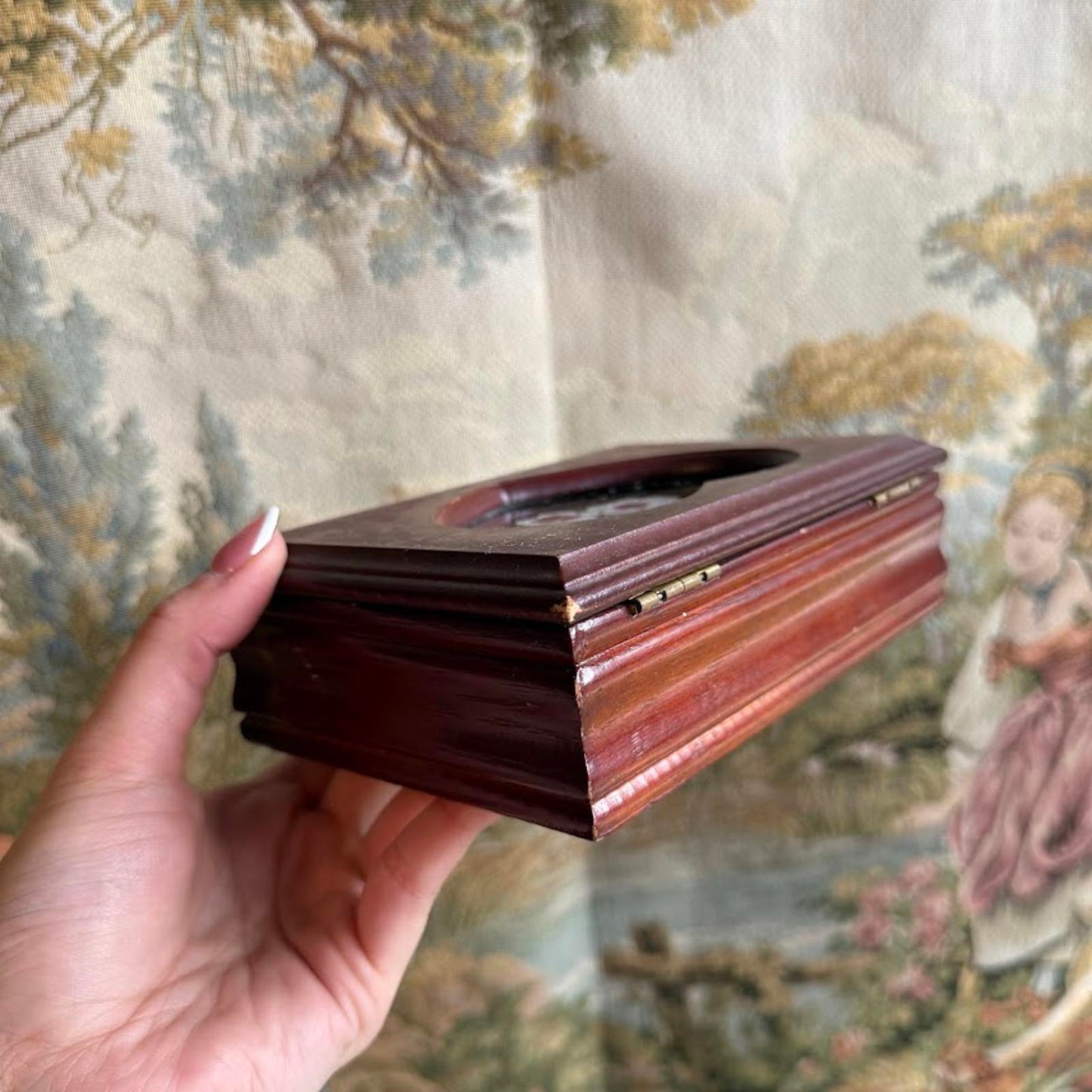 Vintage Wooden Jewelry Box with Heart Shaped Glass Window