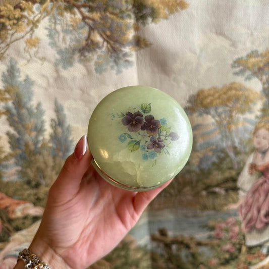 Vintage Green & Floral Circular Alabaster Box