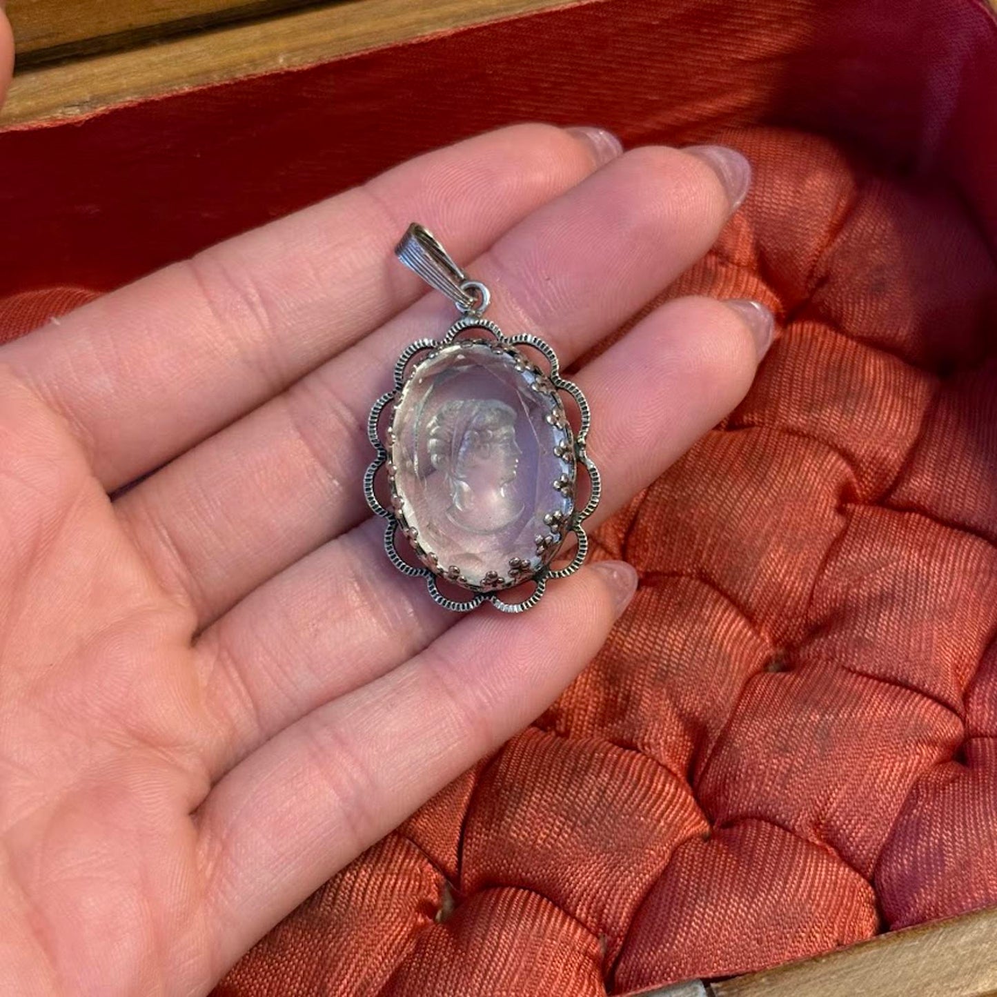 Vintage Intaglio Cameo Glass Pendant silver tone