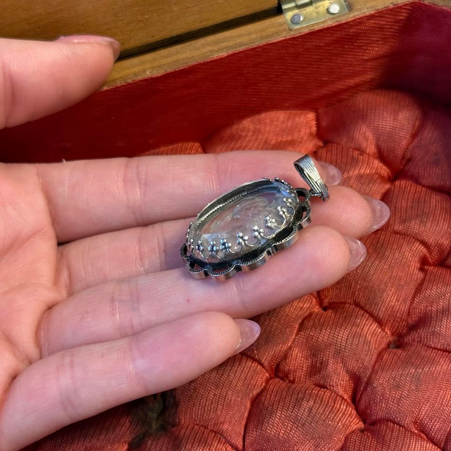 Vintage Intaglio Cameo Glass Pendant silver tone