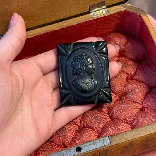 Large Vintage Black Mourning Cameo Goth Antique Brooch