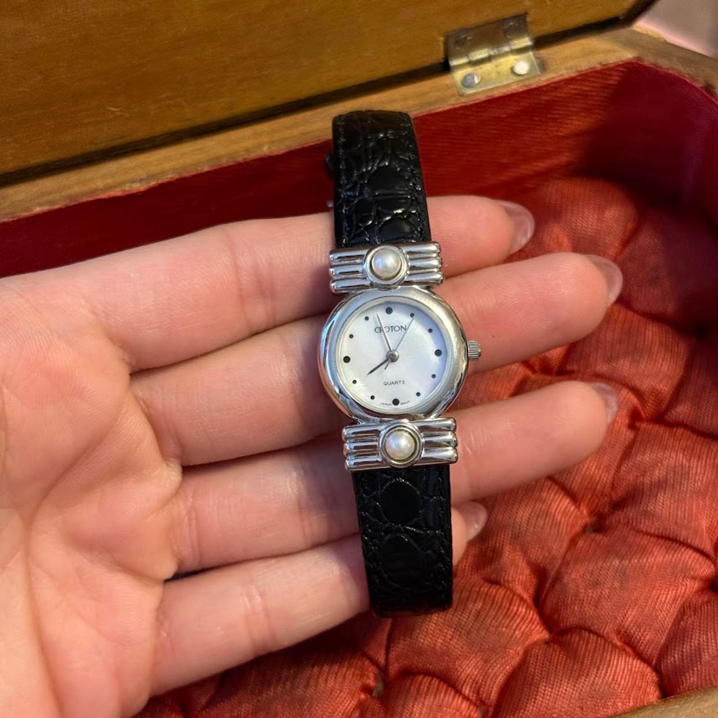 Vintage Croton Black Genuine leather & Mother of pearl Watch