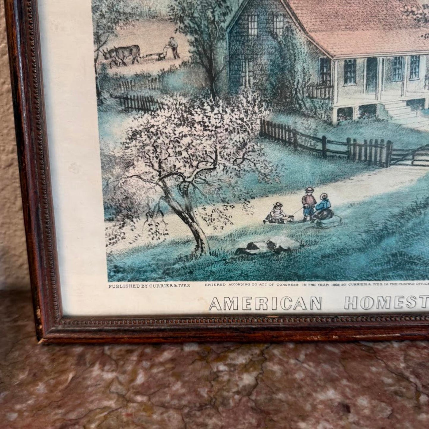 Vintage Wooden Framed Print Titled "American Homestead Spring"