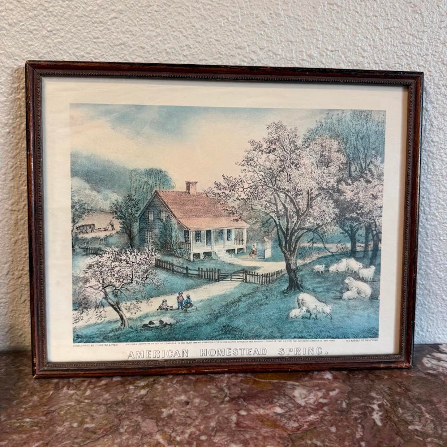 Vintage Wooden Framed Print Titled "American Homestead Spring"