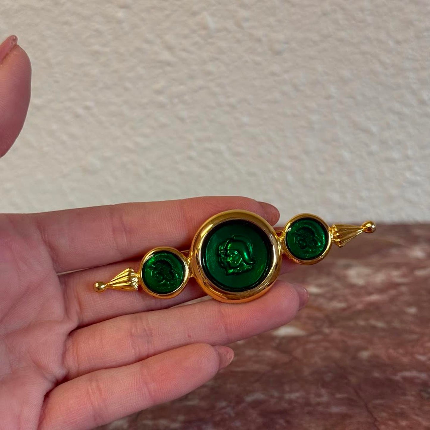 Gold Tone and Green Cameo Brooch Pin