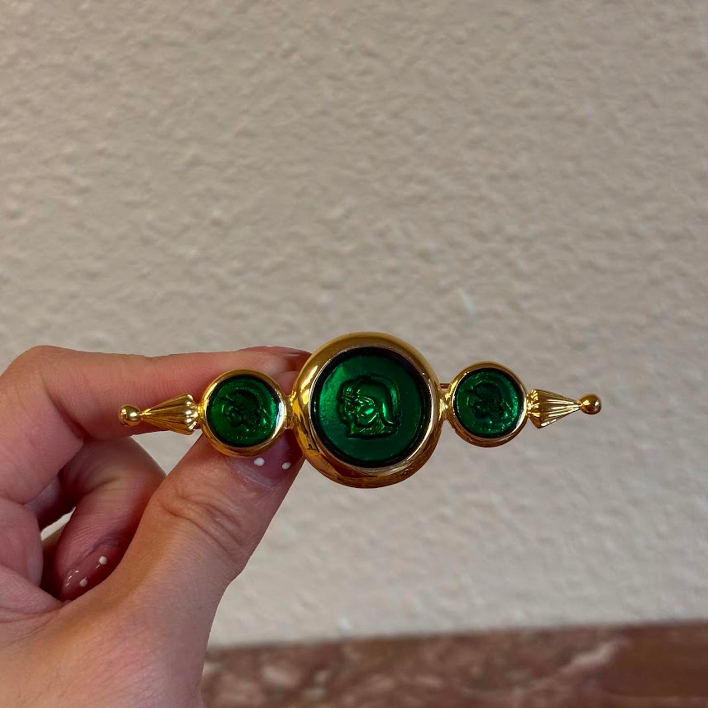 Gold Tone and Green Cameo Brooch Pin