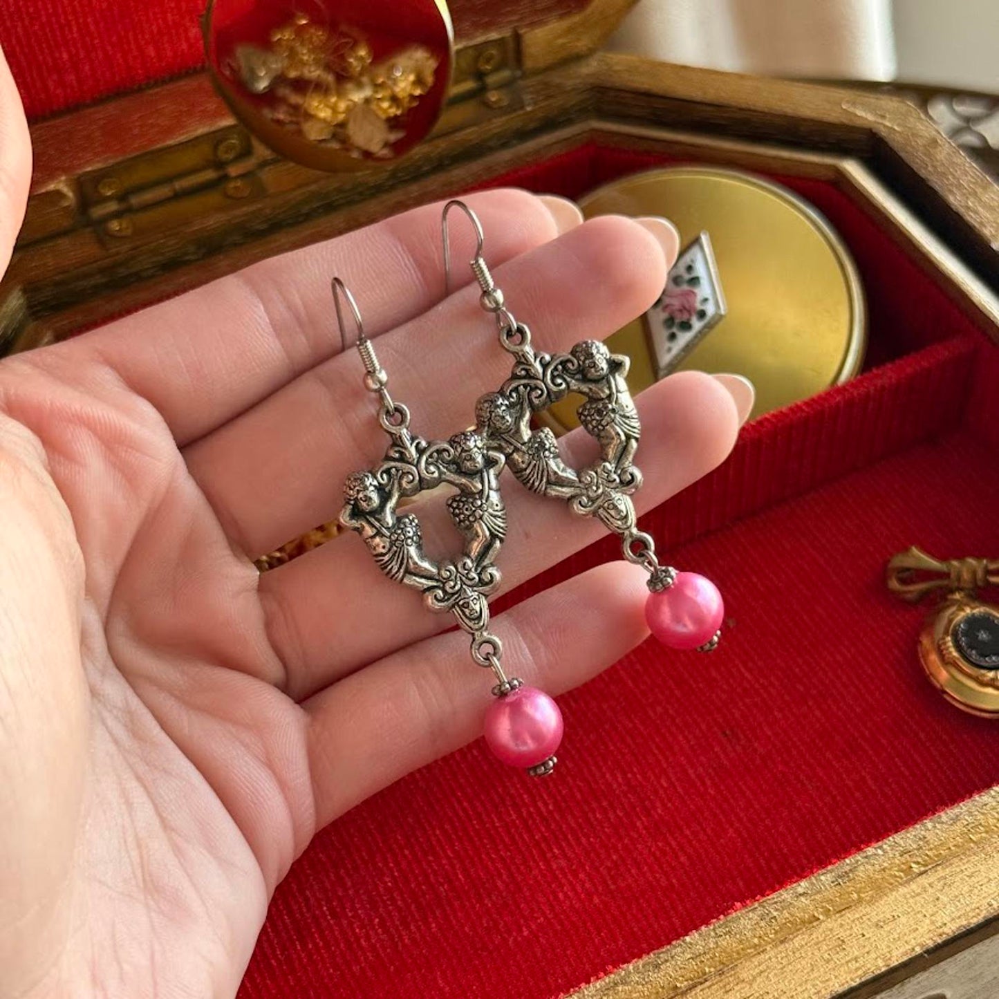 Vintage Silver Tone Cherub Dangle Earrings